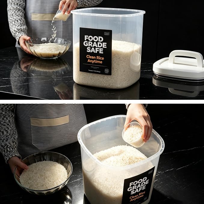 10L Rice Storage Container with Measuring Cup & Brush | 22-25lbs /10.5 Qt Capacity, Rice & Cereal & Pet & Laundry Pod Bin, Kitchen Bathroom Pet Food Pantry - Image 2