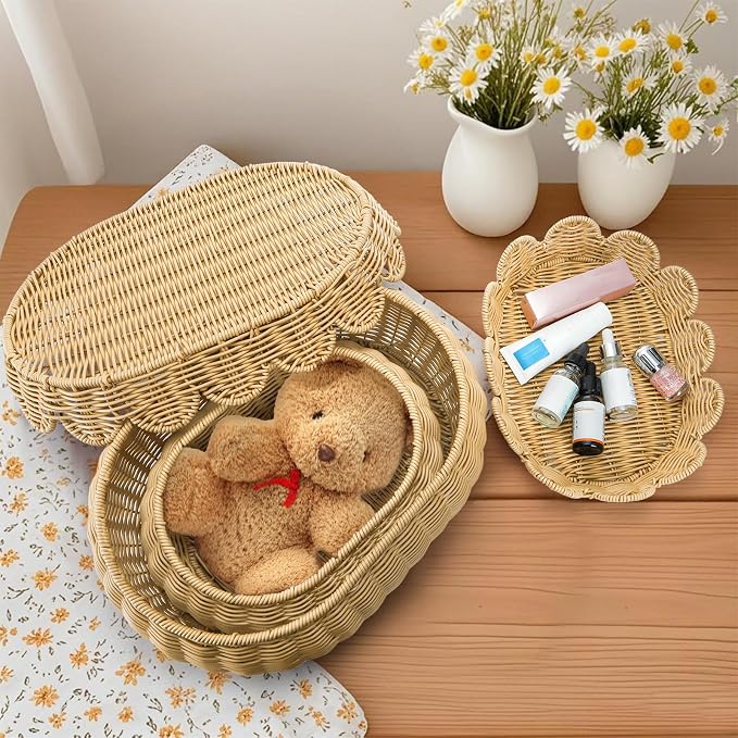 Tebery Set of 2 Wicker Storage Baskets with Lid, Hand Woven Scalloped Basket Boxes for Shelf, Sturdy Rattan Storage Bin Organizer for Home Decoration, Display - Image 7