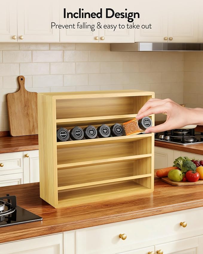 Orimade 4 Tier Spice Rack Organizer for Cabinet with 28 Plastic Spice Jars, Freestanding Bamboo Seasoning Rack for Countertop, Cupboard, Pantry, Kitchen, 13.18 x 4.13 x 12.2 inches - Image 8