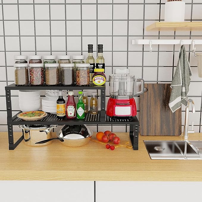 Jojocross Expandable Cabinet Shelf Organizer Storage Spice Rack Shelves for Kitchen Stackable Adjustable Pantry Cupboard Bathroom Countertop Desktop(2Packs/Black/Medium-with Hole) - Image 2