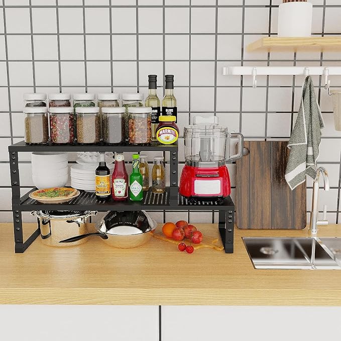 Jojocross Expandable Cabinet Shelf Organizer Storage Spice Rack Shelves for Kitchen Stackable Adjustable Pantry Cupboard Bathroom Countertop Desktop(2Packs/Black/Large-with Hole) - Image 2