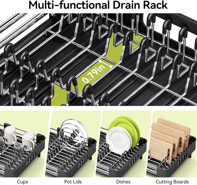 Urackify Extendable Stainless Dish Drying Rack for Kitchen Counter, Black | 13.78"W x 18.7"L, Foldable Drainboard for Space Saving, Knife and Utensil Holder, Fast-draining Spout - Image 4