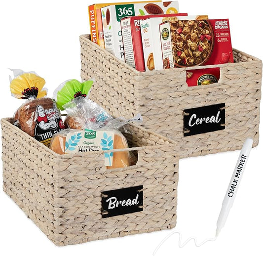 Best Choice Products Pantry Baskets Set of 2 16x12in Water Hyacinth Storage Baskets, Woven Wicker Kitchen Organizers with handles w/Chalkboard Label Chalk Marker - White by Unknown