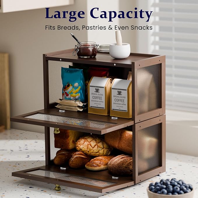 Stackable Bread Box for Kitchen Countertop, 2 Tier bamboo Bread Storage Container Holder Bin for Baked Goods Snacks Farmhouse Breadbox with Acrylic Window for Pantry Cabinet Cupboard, Brown - Image 5