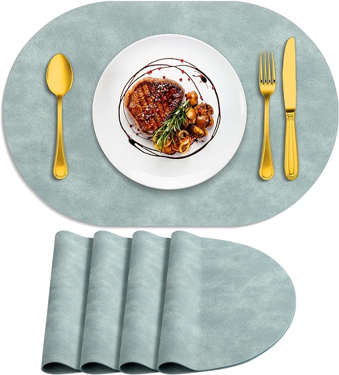 ADRIMER Placemats, Heat Resistant Oval Placemats Set of 4 Washable 12 x 17 Inch, Waterproof Table Mats, Wipeable Pu Place Mats for Kitchen, Dining Room, Light Blue by Adrimersdreamistobeanindispensablecompanioninyourlife