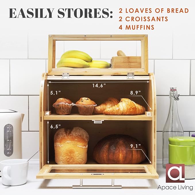 Arise Bamboo Wooden Bread Box for Kitchen Countertop, Extra Large 2-Shelf | Bread Storage Container with Clear Windows & Air Vents, Bread Bin & Keeper, Keeps Bagels, Rolls & Buns Fresh, Self Assembly - Image 4