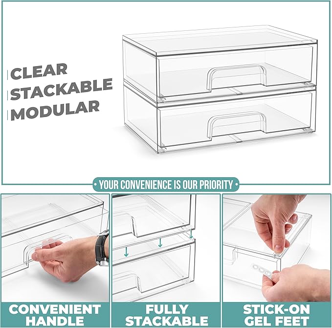 Sorbus Acrylic Storage Containers - 2 Pack, Stackable Storage Bins Set for Bathroom Organization - Clear Acrylic Drawer Organizers - Makeup Case Pull-Out Drawers (12.1’’ Wide) - Image 5