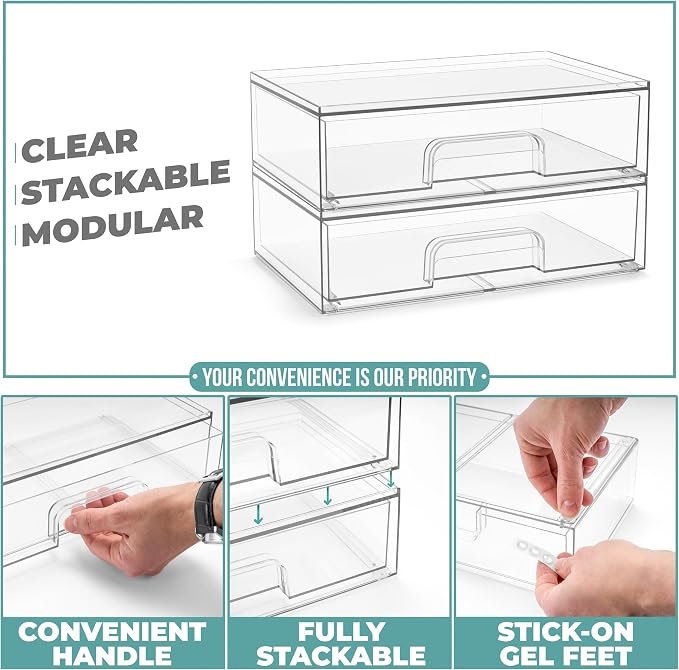 Sorbus Wide Stackable Acrylic Storage Drawers, 2 Pack Clear Plastic Organizer Bins for Baby Bottles, Makeup, Bathroom, Vanity & Countertop Organization, Pull-Out Drawer Design for Cabinets & Pantry - Image 5