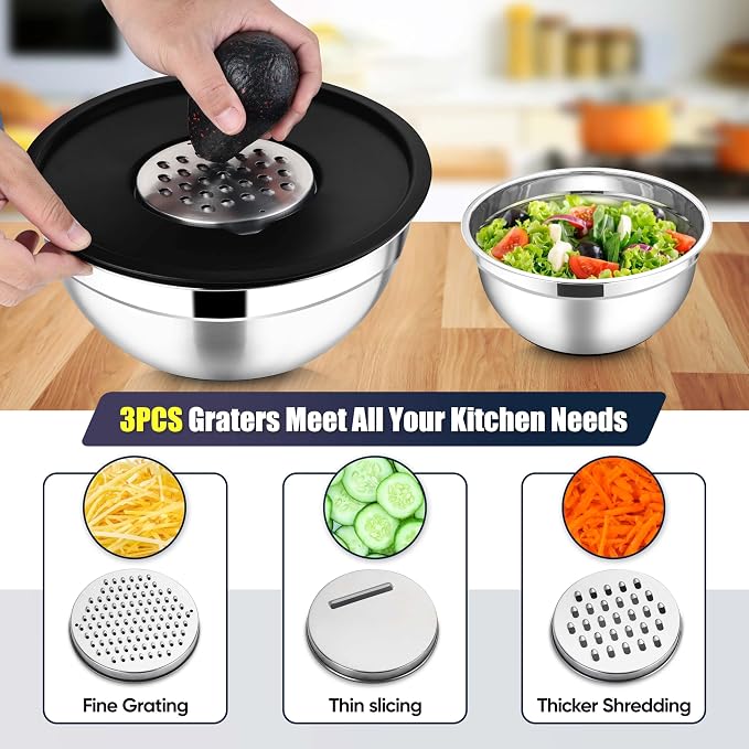 E-far Stainless Steel Mixing Bowls with Lids Set, 5-Piece Nesting Salad Bowls with 3 Grater Attachments and Non-Slip Bottoms, Size 4.6, 2.6, 2, 1.5, 1QT for Kitchen (Black) - Image 5