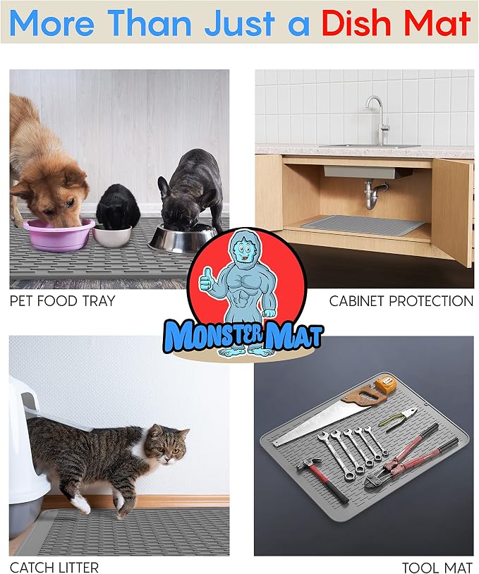Monster Mat Extra Large Silicone Dish Drying Mat (30"x24") – Heavy Duty & Fast-Drying Silicone Mat - Non-Slip XL Dish Drying Mat For Kitchen Counter - Gray - Image 6