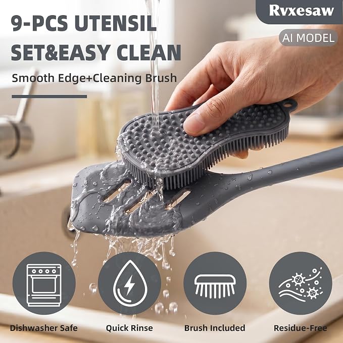 Kitchen Utensils Set,9 PCS Silicone Cooking Utensils Set Spatula Set,Tongs,Spoon,Whisk,Brush,Dishwasher Safe Kitchen Gadgets for Non-Stick Cookware,Home Essential，Kitchen Appliances Tool(Gray) - Image 7