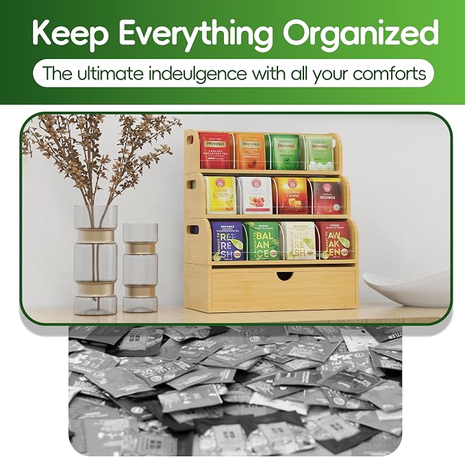 Bamboo Tea Bag Organizer for Coffee Bar, 4 Tier Modular Tea Organizer with Drawer, Large Capacity Tea Storage Box, Stackable Tea Station Organizer, No Assembly, Kitchen Counter - Image 6