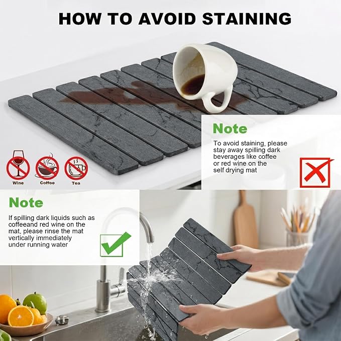 Stone Drying Mat for Kitchen Counter, Quick Diatomaceous Earth Mats for Dishes, 24"L x 16" W Super Absorbent Fast-Drying Collapsible Countertop Stone Mat (Marble Grey, 24" x 16") - Image 6