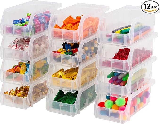 Small Stackable Plastic Storage Bins, 12-Pack, Clear | Open-Front Stackable Bins For Garage, Pantry, Closet & Office, 7"L X 4"W X 3"H, Nests When Empty, Durable Plastic, by Akro-Mils