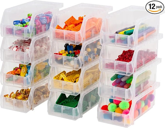 Small Stackable Plastic Storage Bins, 12-Pack, Clear | Open-Front Stackable Bins For Garage, Pantry, Closet & Office, 7"L X 4"W X 3"H, Nests When Empty, Durable Plastic, by Akro-Mils