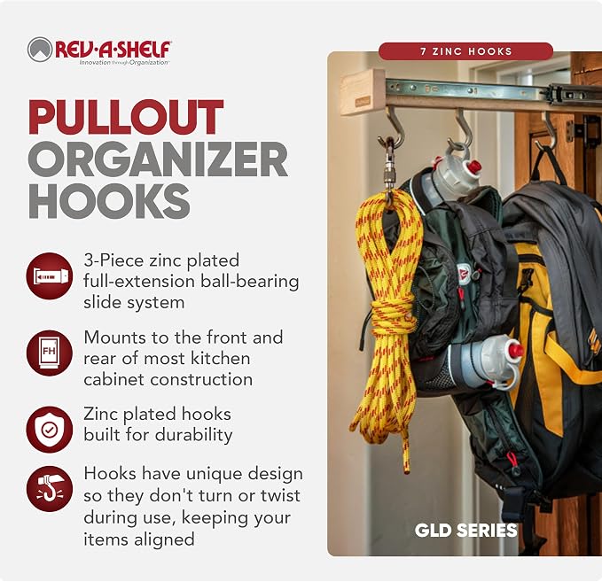 Rev-A-Shelf 22" Pullout Kitchen Cabinet Pantry Organizer with 7 Hanging Hooks with Ball Bearing Slide System, Maple Wood, GLD-W22-SC-7 - Image 4