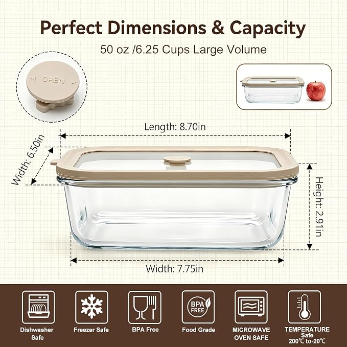 50 oz Glass Food Storage Containers with Glass Lids, 2 Pack | Non Toxic Meal Prep Containers, Airtight Glass Lunch Containers for Fruits, Vegetables, Microwave, Dishwasher - Image 2