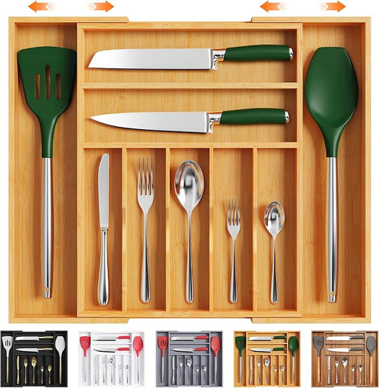 Large Premium Bamboo Silverware Organizer - Expandable Utensil Drawer Organizer - 17"x19.6" Utensil Holder and Cutlery Tray with Grooved for Kitchen Flatware and Utensils Mother's Day Gift by Bellsal