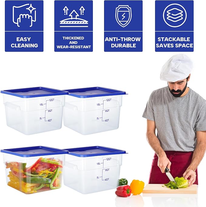 BIEAMA 4 Pack 12 Qt Square Food Storage Containers with Lids, NSF, Clear | Commercial polycarbonate containers with scale markings and handles; stackable for prep, brining, fermentation & bulk storage - Image 4