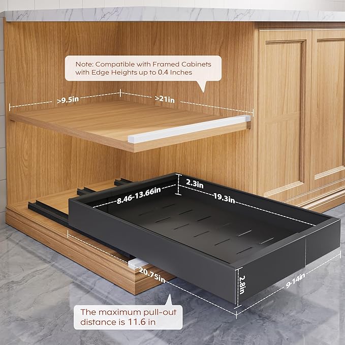 Seinloes 2 Pack Pull Out Cabinet Organizers 21" Deep With Raising Pad for Framed Cabinets, Expandable Width (9"-14") Slide Out Drawers Upgrade 3 Slide Rails, Roll Out Shelves Adhesive, Black - Image 4
