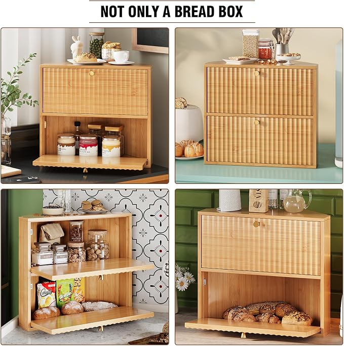 Trironsun Corner Bread Box for Kitchen Countertop Bamboo Two Layer Large Capacity Bread Storage Bin Vintage Storage for Homemade Bread (Natural Bamboo) - Image 8