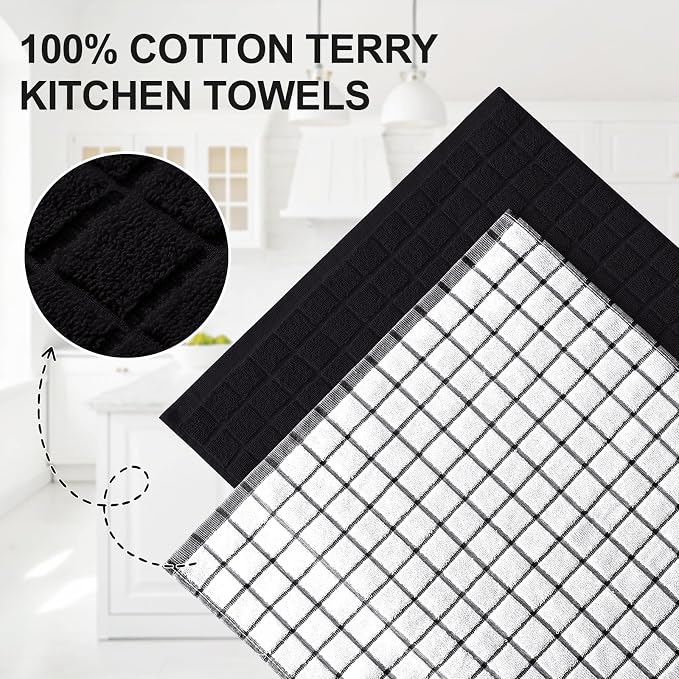 Homaxy Large Premium Cotton Kitchen Towels 16"x 28", 6 Pack, Black | Natural Ring Spun 390 GSM Dish Towels, Super Absorbent Terry Kitchen Hand Towels, Soft Tea Towels with Hanging Loop - Image 2