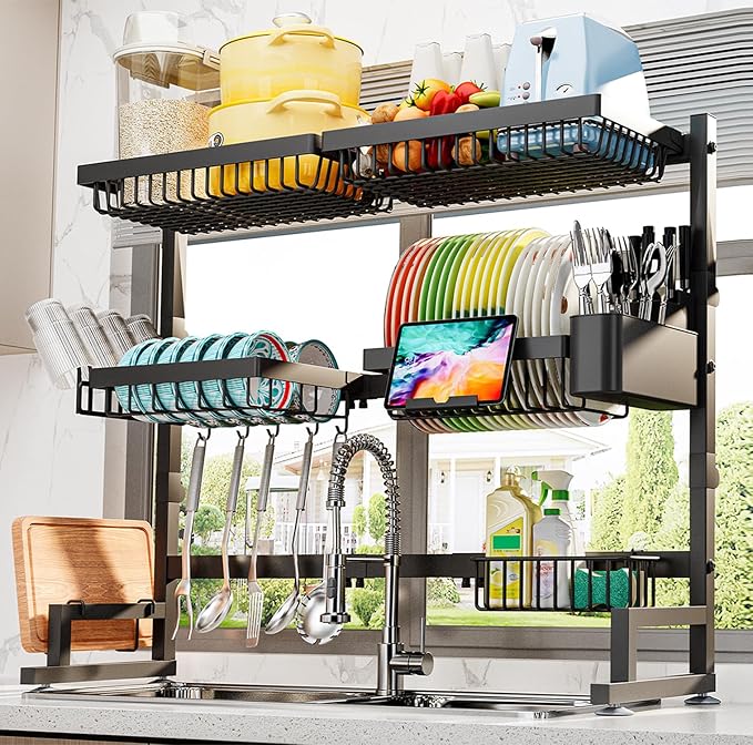 ADBIU Over The Sink Dish Drying Rack (Expandable Height and Length) Snap-On Design 2 Tier Large Dish Rack (27-40L x 12W x 32.5-37H (inches)) by ADBIU