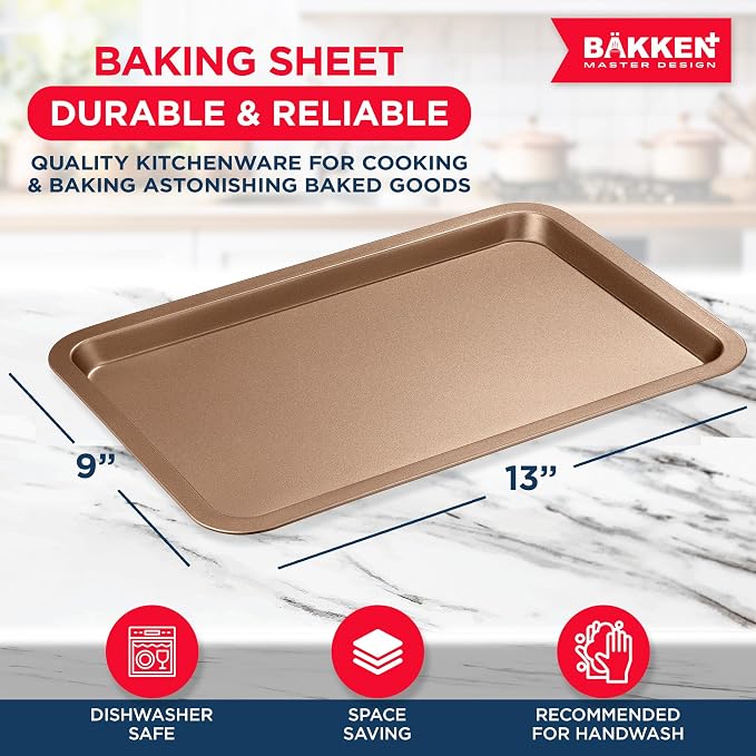 BAKKEN Kitchen Baking Pans - Nonstick Brown Coating, 13.18’’ × 8.66’’ Commercial Grade Carbon Steel Cookie Sheet, Baking Kitchen Essentials, PFOA, PFOS, PTFE Free, Oven Safe Tray (450° F), Brown - Image 2