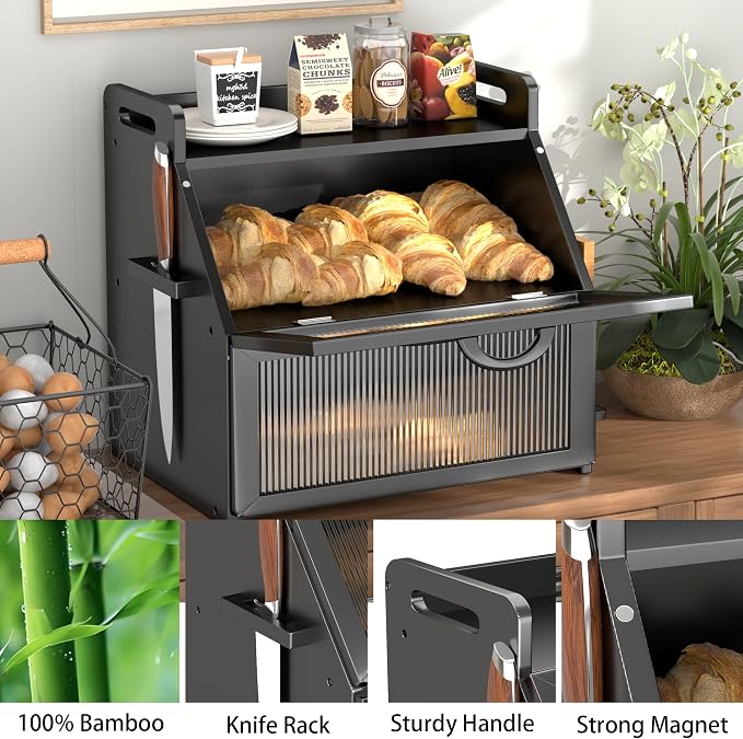 Bread Box for Kitchen Countertop, Large Bread Storage Container for Homemade Bread, Wooden Farmhouse Breadbox Organizers, Double Layer Bread Bin with Acrylic Window Bread Holder, Black - Image 7