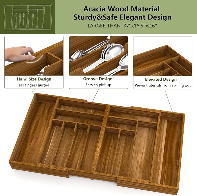Suli Extra Large Silverware Drawer Organizer,Expandable 22in to 37in,Acacia - Image 7