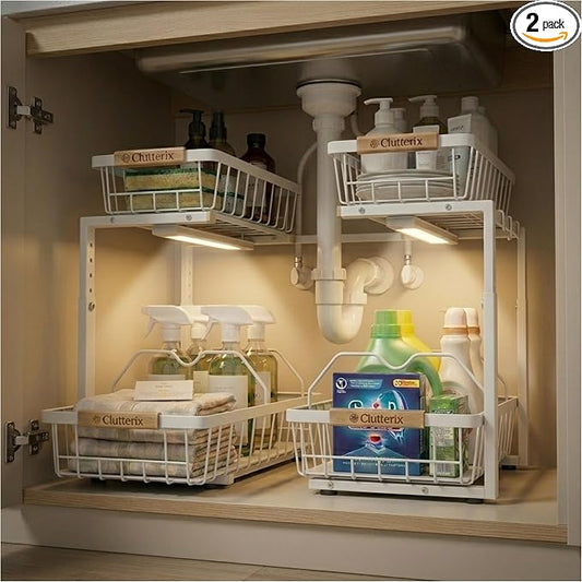 Under Sink Organizer with Motion-Activated LED Lights, 2 Pack, 2 Tier Sliding L-Shaped Carbon Steel Rack with Adjustable Height, Dividers & Hooks (White) by Clutterix