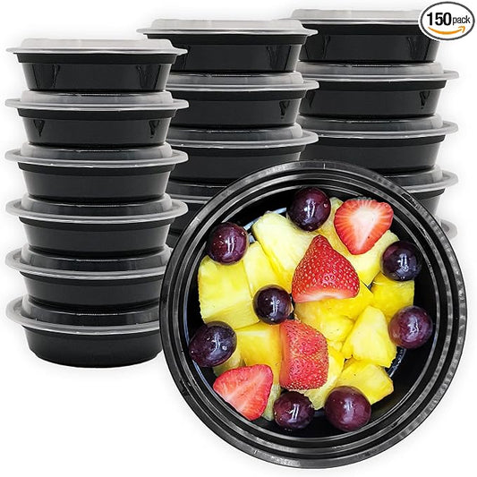 MULMEHË Plastic Food Storage Take-Out Container and Lid Combo, 32 oz, Microwaveable, Round, Black, 7x2”, Set of 150 by MULMEH%C3%8B%C2%AE