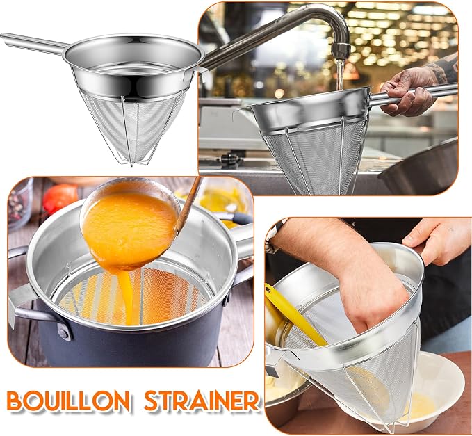 SiliFine 10" Chinois Fine Mesh Strainer Set with Handle and Rubber Pestle | Stainless Steel Reinforced Bouillon Sieve Strainer China Cap Cone Sieve for Sauces, Soups, Broth, Stock, Kitchen Food Cooking - Image 7