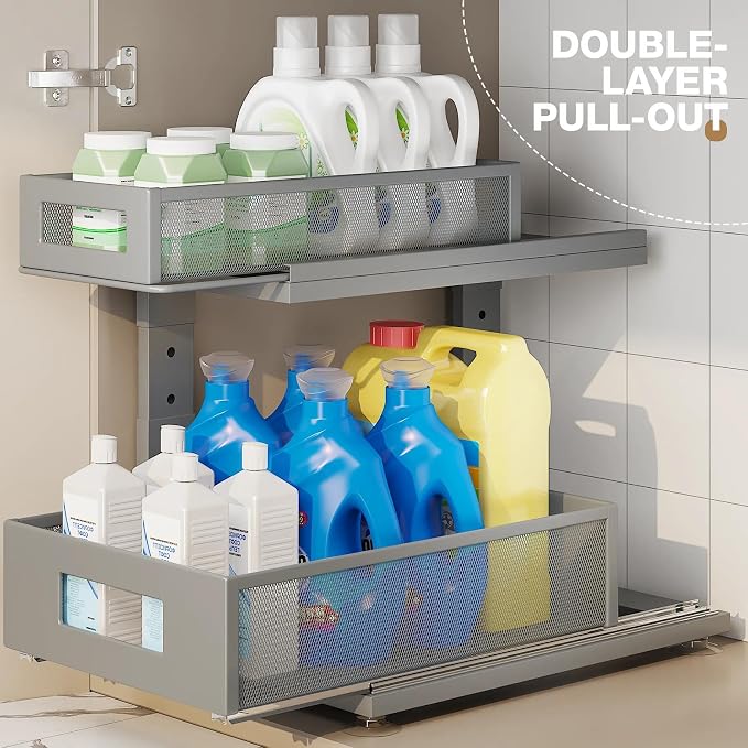 1 Pack 15.74IN-Depth Under Sink Organizer With Next-Gen Ball-Bearing Slides,2-Tier Pull Out Cabinet Storage,Height Adjustable Drawer Shelf for Bathroom,Kitchen,Laundry,Cabinet,Pantry-Gun Gray - Image 4