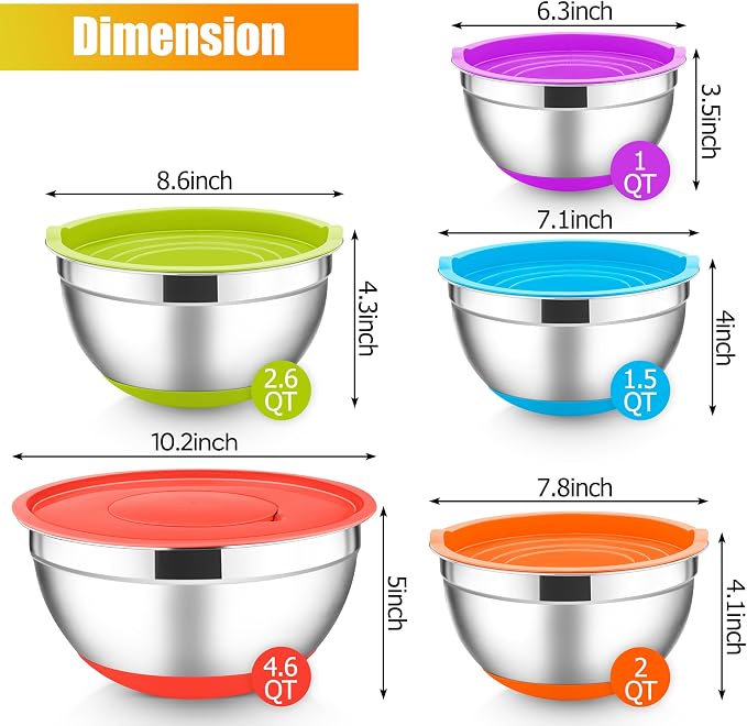 E-far Stainless Steel Mixing Bowls with Lids Set, 5-Piece Nesting Salad Bowls with 3 Grater Attachments and Non-Slip Bottoms, Size 4.6, 2.6, 2, 1.5, 1QT for Kitchen (Colorful) - Image 2