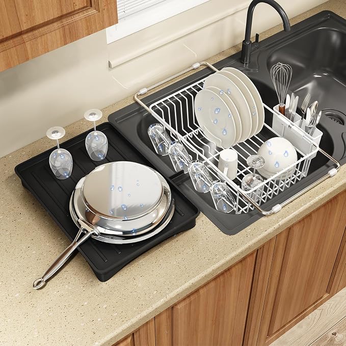 White Dish Drying Rack Over Sink with Utensil Holder, Drainboard | Expandable Stainless Steel Dish Drainer for Small Kitchen, Apartment, RV, Counter Space Saving, Perfect Fit, Rustproof by MAJALiS