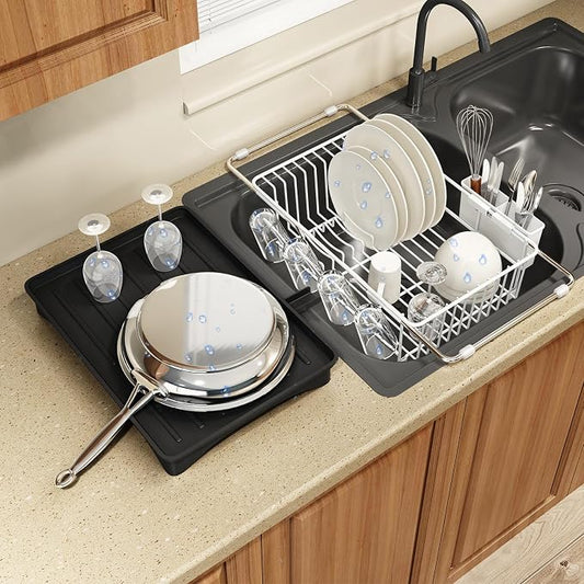 White Dish Drying Rack Over Sink with Utensil Holder, Drainboard | Expandable Stainless Steel Dish Drainer for Small Kitchen, Apartment, RV, Counter Space Saving, Perfect Fit, Rustproof by MAJALiS