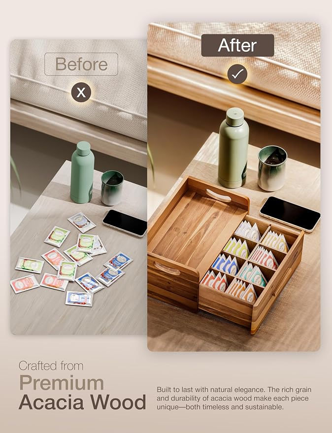 Tinamo Acacia Wooden Tea Box Organizer with Drawer – Tea Chest for Tea Bags Storage – Tea and Coffee Organizer - Wooden Tea Tray and Containers for Countertop Display (Acacia) | Solid Acacia Wood, No assembly, Holds up to 100 tea bags, Non-slip, Smooth... - Image 4