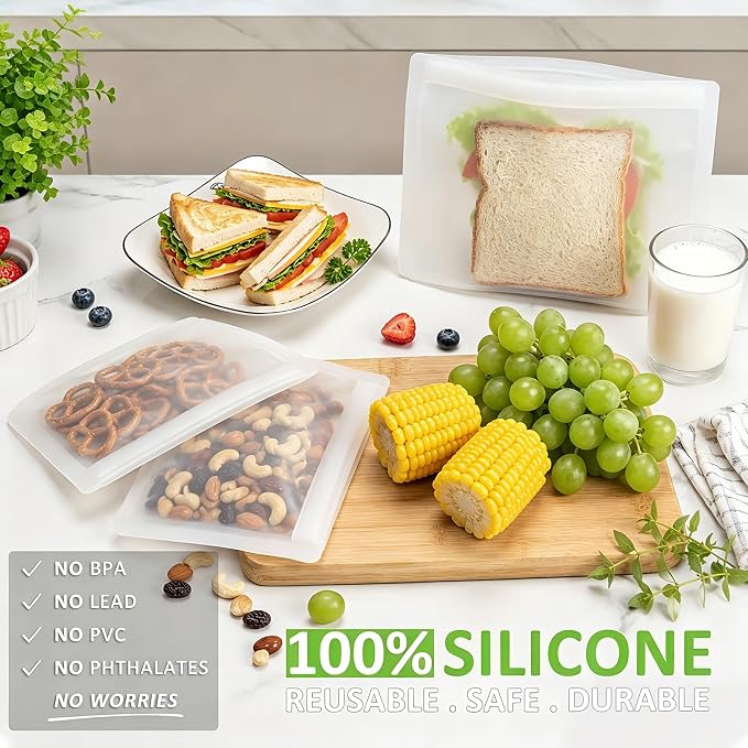 Reusable Sandwich Bags & Snack Bags Set, 8 Pack, 100% Silicone Reusable Storage Bag, Soft Shell Ziplock Silicone Food Storage Containers, Freezer Microwave Oven Dishwasher Safe, Translucent - Image 2