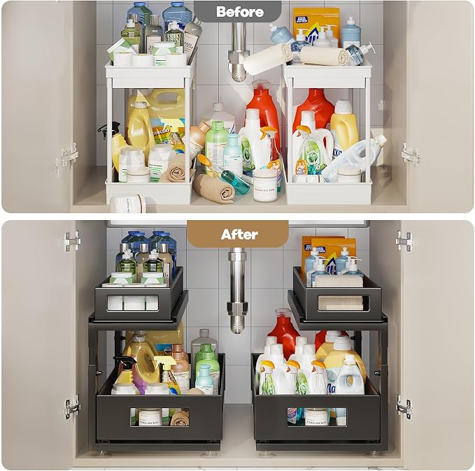 2 Pack 18.5IN-Depth Under Sink Organizer With Next-Gen Ball-Bearing Slides,2-Tier Pull Out Cabinet Storage,Height Adjustable Drawer Shelf for Bathroom,Kitchen,Laundry,Cabinet,Pantry-Black - Image 6