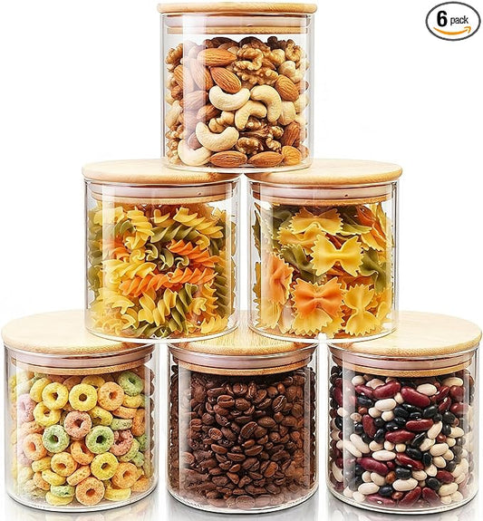 27 oz Glass Jars with Bamboo Lids, Airtight Food Storage Containers, 6 Pack | Round Small Pantry Jars for Spices, Nuts & Seeds , 3mm Borosilicate Glass Canisters Keep Food Fresh, Easy to Fill & Clean by HomArtist