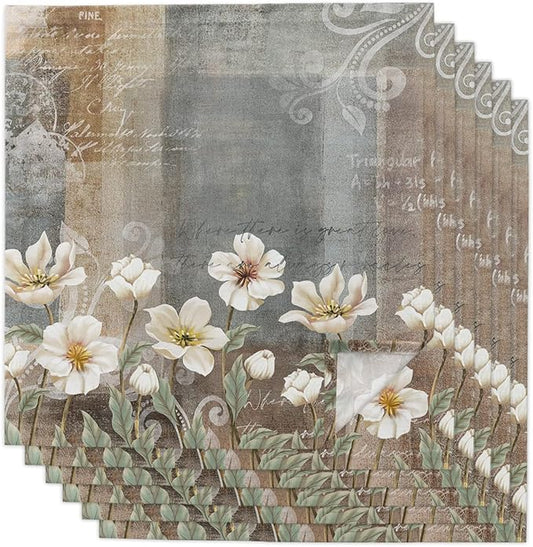 White Flower Cloth Napkins Set of 6, Rustic Floral Brown Grey Abstract Oil Paining Dinner Napkins Cloth Washable, Cocktail Napkins Reusable for Wedding, Party, Birthday (20"x20") by Unknown