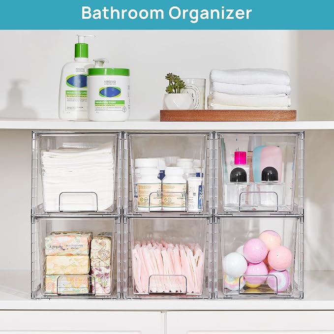 Vtopmart 6 Pack Large Stackable Storage Drawers | Easily Assemble Acrylic, Bathroom Closet Undersink Organizers, Plastic Bins for Kitchen Cabinets, Pantry, Makeup, Medicine - Image 4