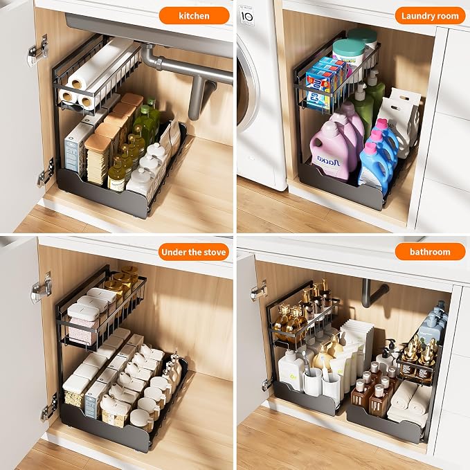 Under Sink Organizer, 2-Tier L-Shaped Pull Out Cabinet Shelf with 2 Installation Methods, Adjustable Sliding Storage Drawer for Kitchen, Bathroom, Laundry, Metal, Black - Image 6