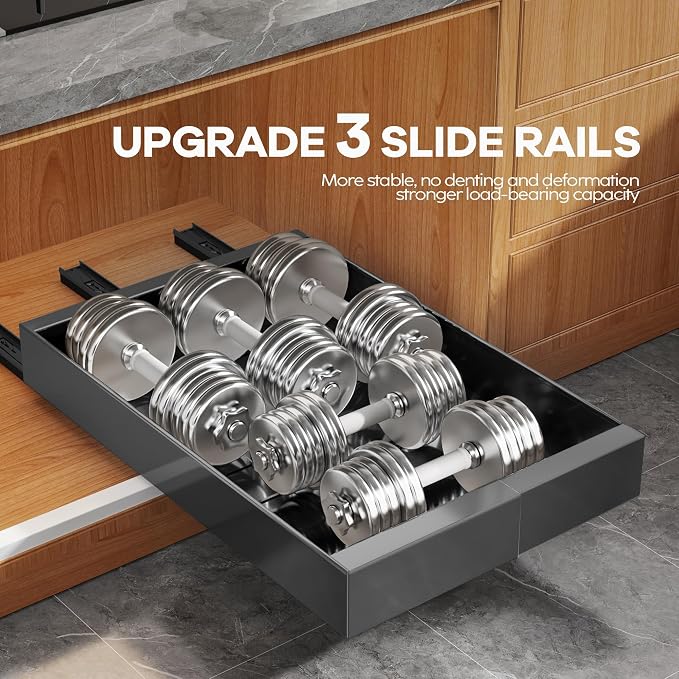 Seinloes 4 Pack Expandable Width (9"-14.1") Pull Out Cabinet Organizer 21" Deep with Raising Pad for Framed Cabinets, Upgrade 3 Slide Rails Slide Out Drawers, Roll Out Shelves Adhesive, Black - Image 5