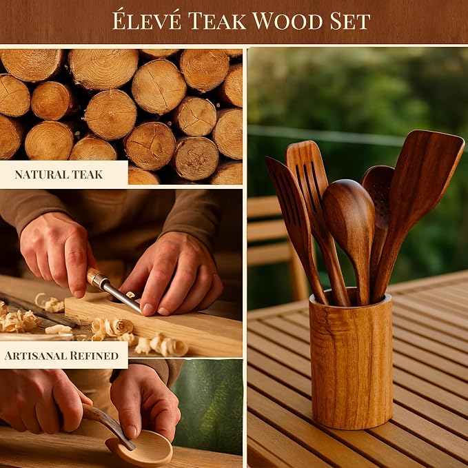 9 Piece Teak Wooden Spoons, Spatula & Ladle Set, Non-Stick Safe, Food Grade | Set of 7 Versatile Wood Spatula for Cooking & Serving, Includes Utensil Holder & Spoon Rest, Modern Kitchen Utensils & Tools - Image 7