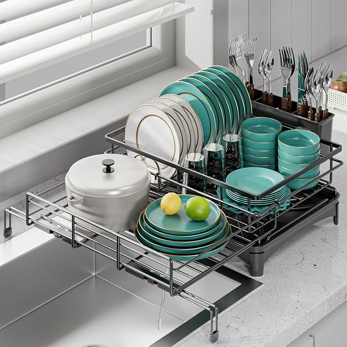 Large Dish Drying Rack - Expandable Dish drainers for Kitchen Counter,Over The Sink Dish Drainer Drying Rack,Rustproof Dish Drainer with Utensil Holder and Drainboard by Silub