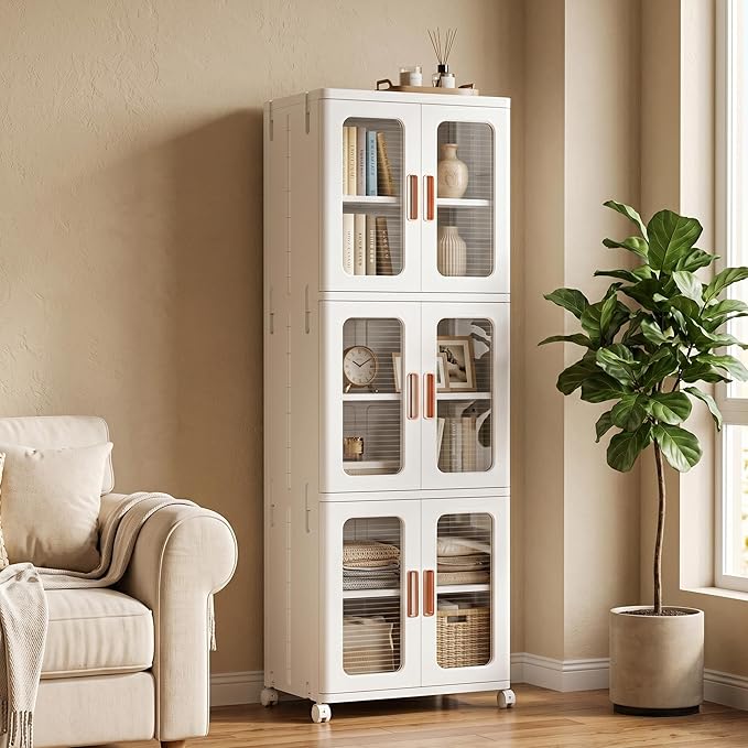 3-Tier Tall Narrow Plastic Storage Cabinet, Foldable | Rolling Organizer with Lid,Doors,Stackable, Adjustable Shelves, Durable PP,Freestanding Bathroom Cabinet for Small Slim Space by AvaloomiaHome