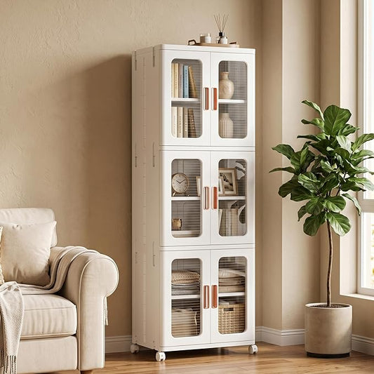 3-Tier Tall Narrow Plastic Storage Cabinet, Foldable | Rolling Organizer with Lid,Doors,Stackable, Adjustable Shelves, Durable PP,Freestanding Bathroom Cabinet for Small Slim Space by AvaloomiaHome