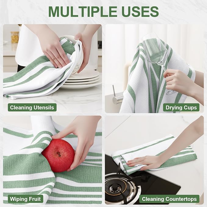 Homaxy Premium Cotton Stripe Kitchen Towels 3 Pack, 18"x 28", Grass Green | Large 380 GSM Kitchen Hand Towels, Soft Terry Dish Towels, Highly Absorbent Tea Towel Set with Hanging Loop - Image 4